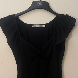 Black Tie-Front Flutter Sleeve Dress